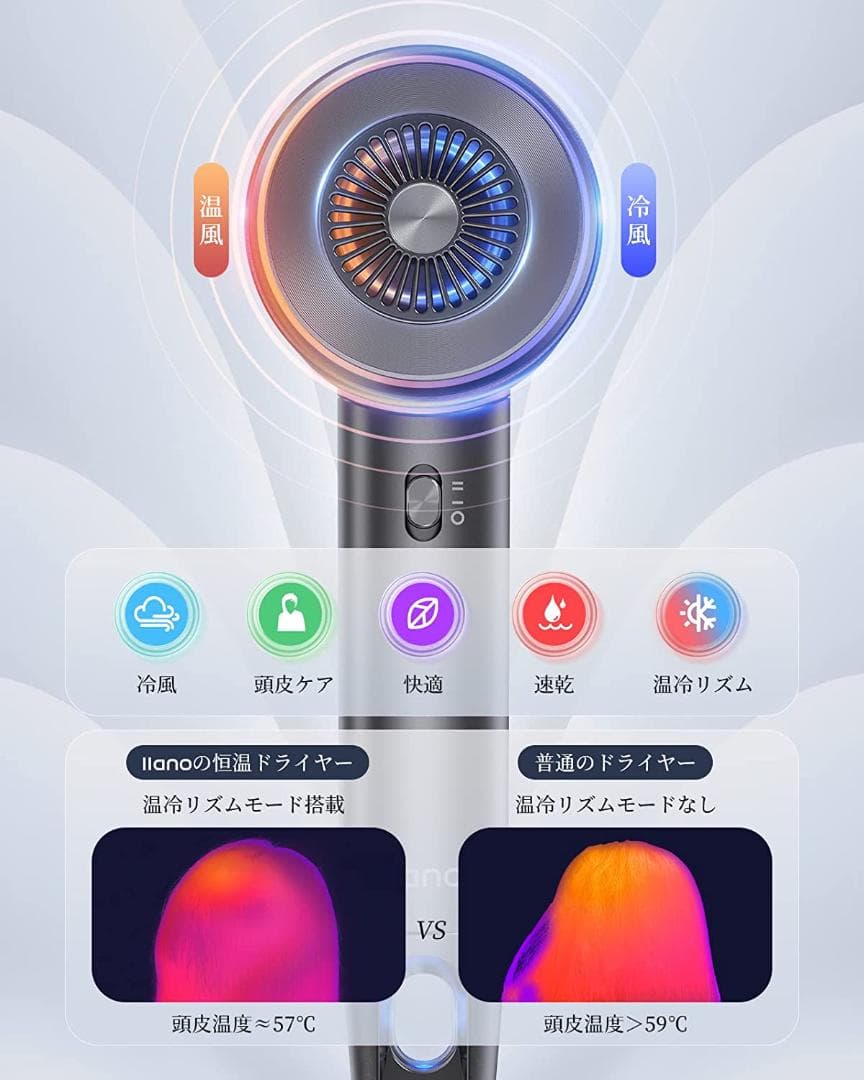 llano ドライヤー 大風量 速乾 340g軽量 1200W ヘアドライヤー