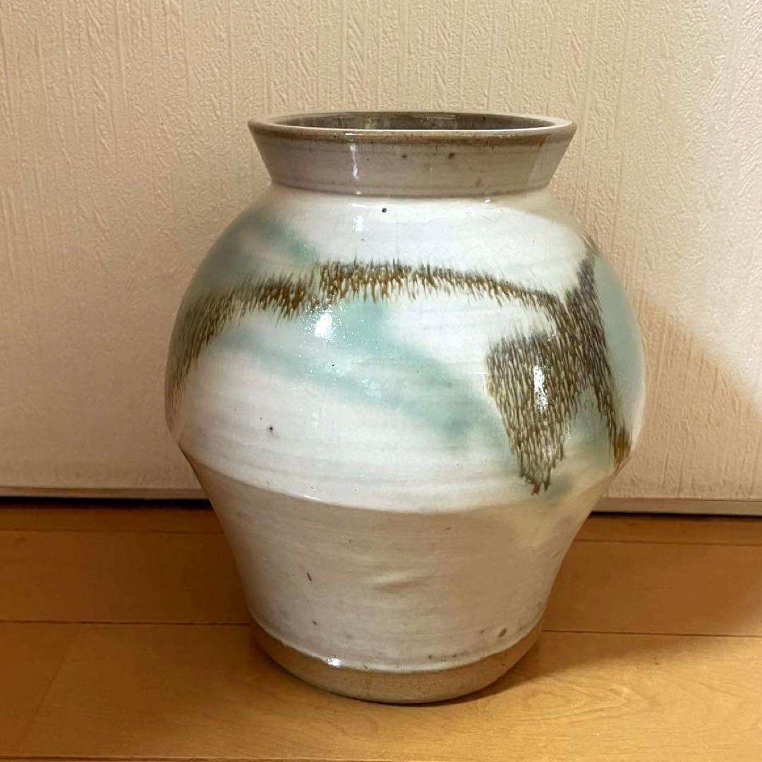 【美品】花瓶　花器　牛ノ戸焼風　水色系　和風　丸型　陶器