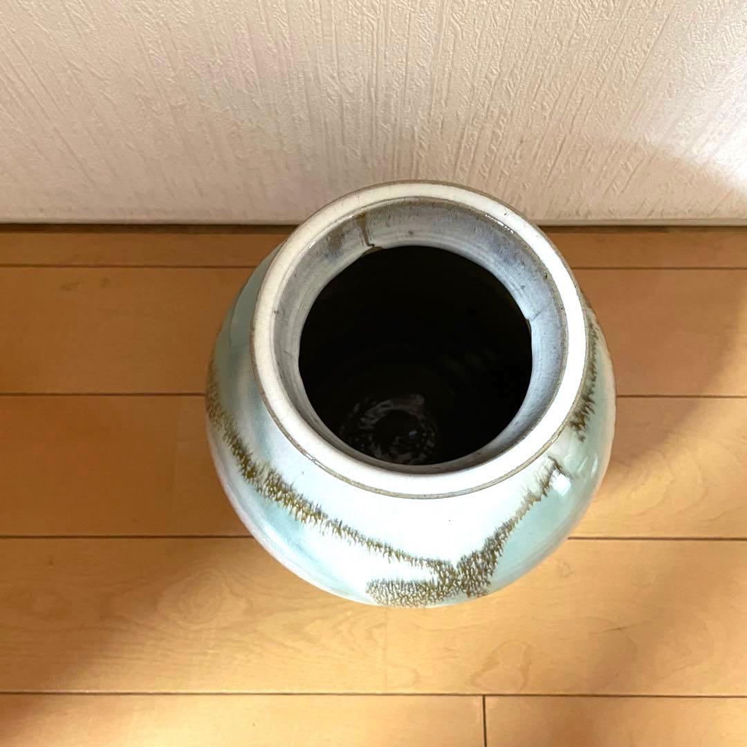 【美品】花瓶　花器　牛ノ戸焼風　水色系　和風　丸型　陶器