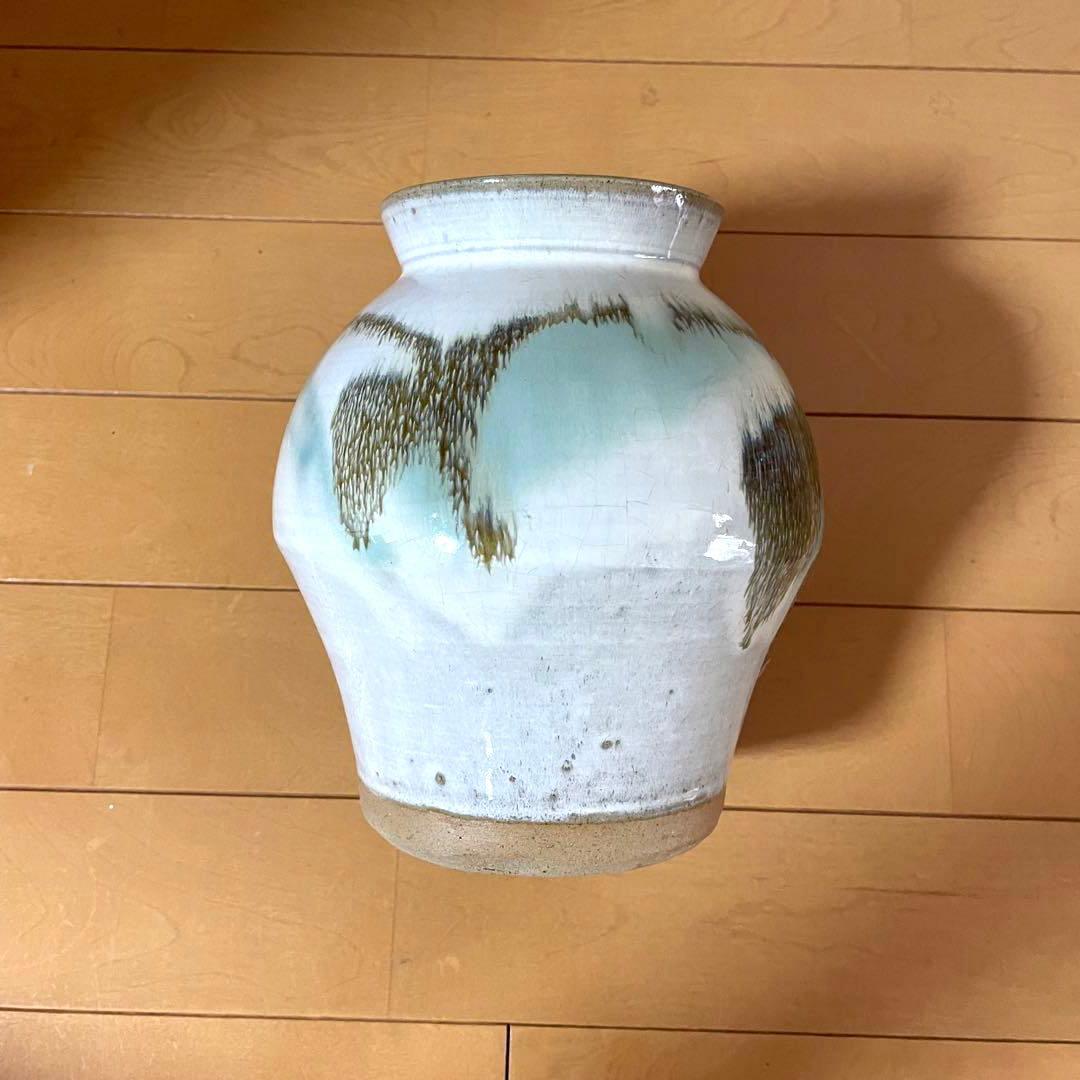 【美品】花瓶　花器　牛ノ戸焼風　水色系　和風　丸型　陶器