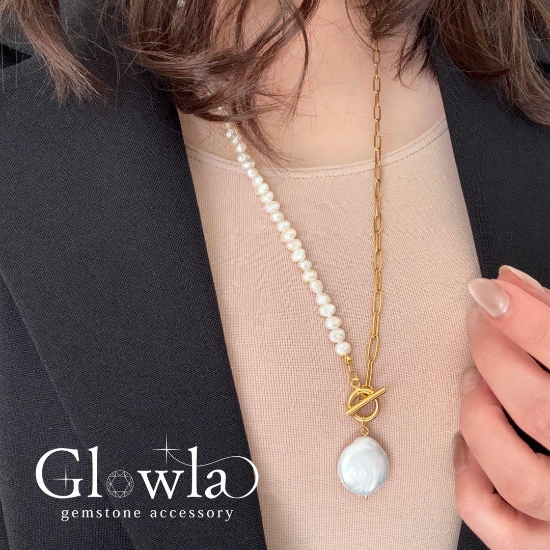 高品質パールとバロックパールのマンテルロングネックレスサージカルステンレス