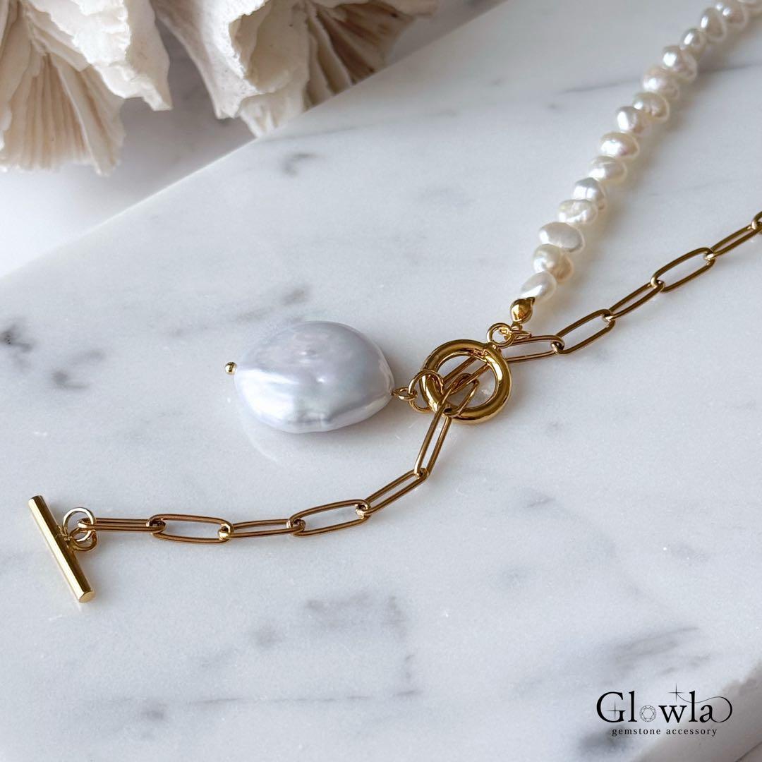 高品質パールとバロックパールのマンテルロングネックレスサージカルステンレス