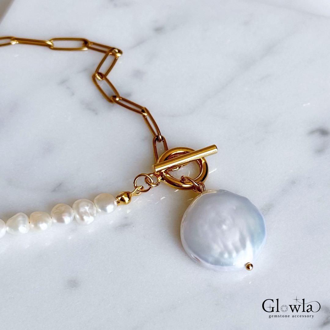 高品質パールとバロックパールのマンテルロングネックレスサージカルステンレス