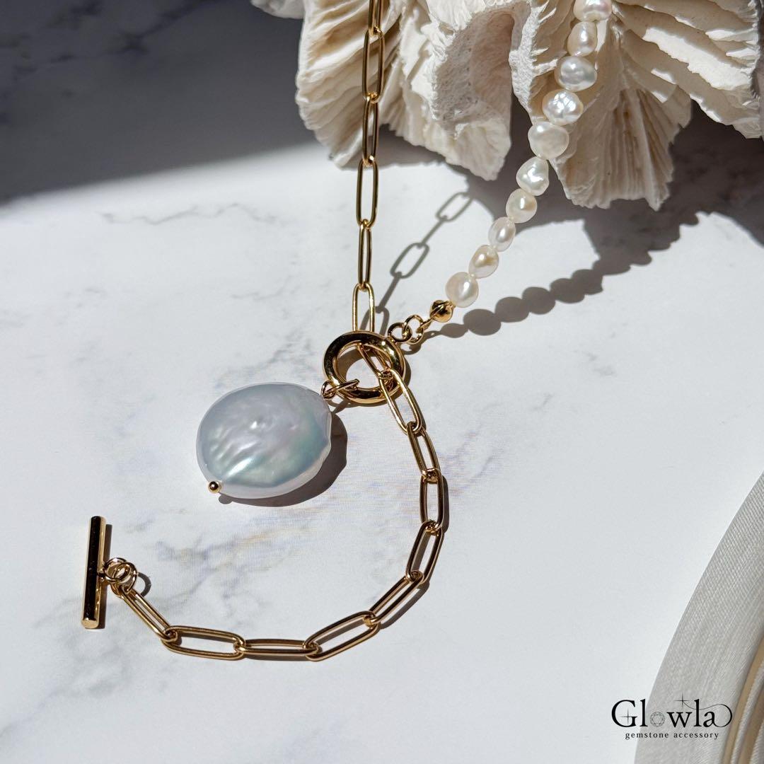 高品質パールとバロックパールのマンテルロングネックレスサージカルステンレス