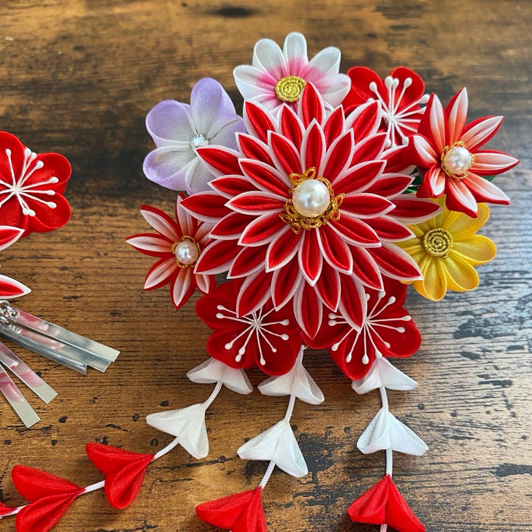 再々販 つまみ細工 髪飾り 簪セット 赤 七五三 卒業式 成人式