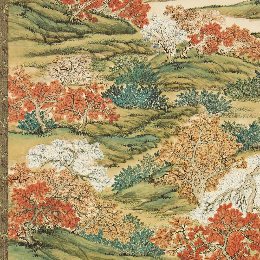 中国美術 掛軸 清代 関槐「上塞錦林図」工芸複製品 タトー箱付