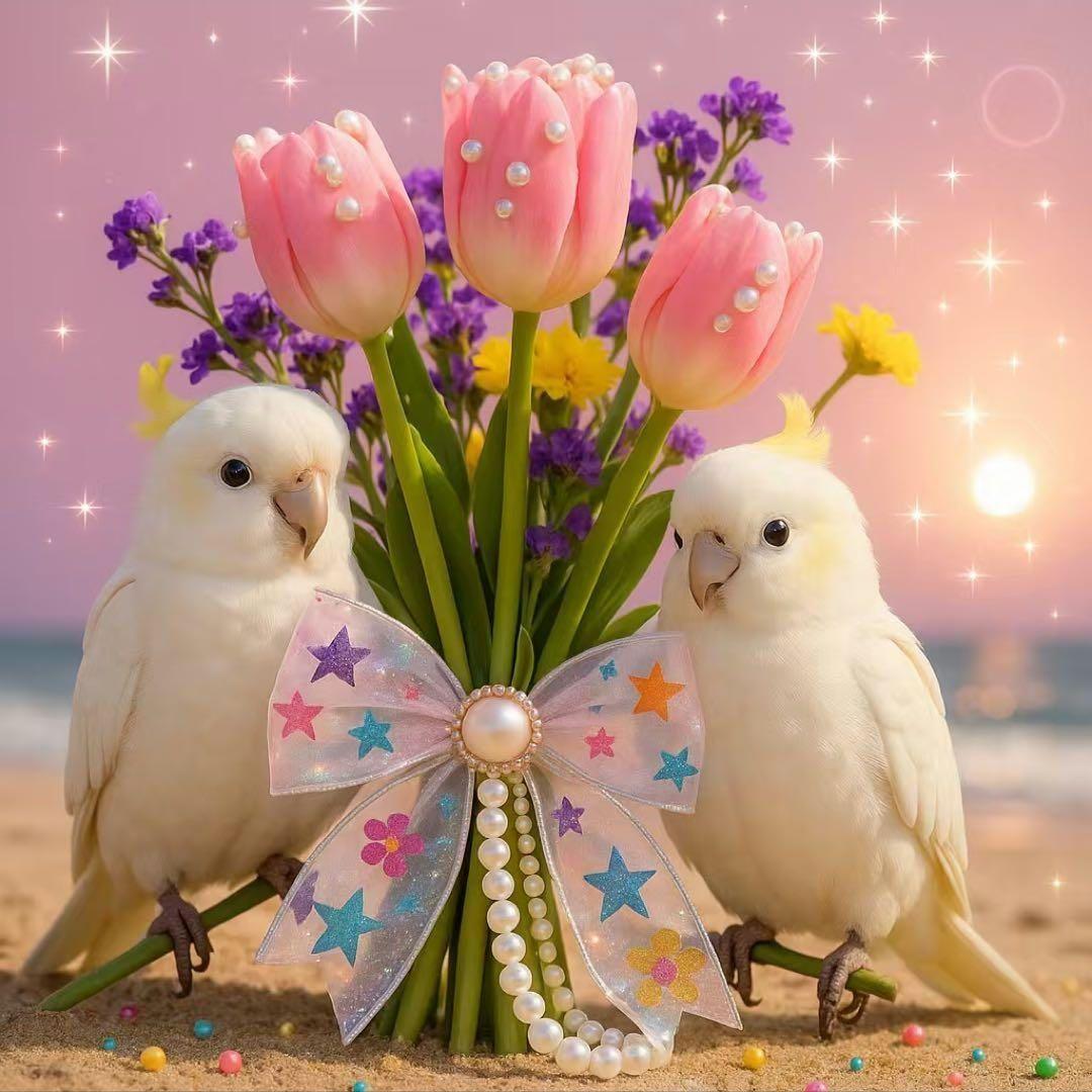 オカメインコ、シマエナガ、インコとチューリップパネル生地　ハンドメイド