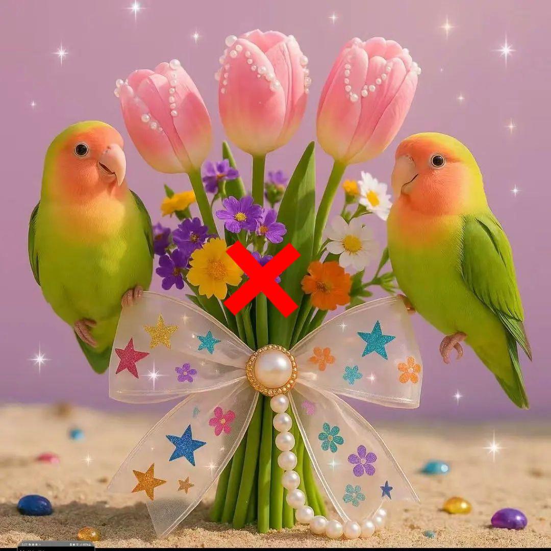 オカメインコ、シマエナガ、インコとチューリップパネル生地　ハンドメイド