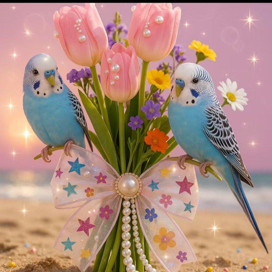 オカメインコ、シマエナガ、インコとチューリップパネル生地　ハンドメイド