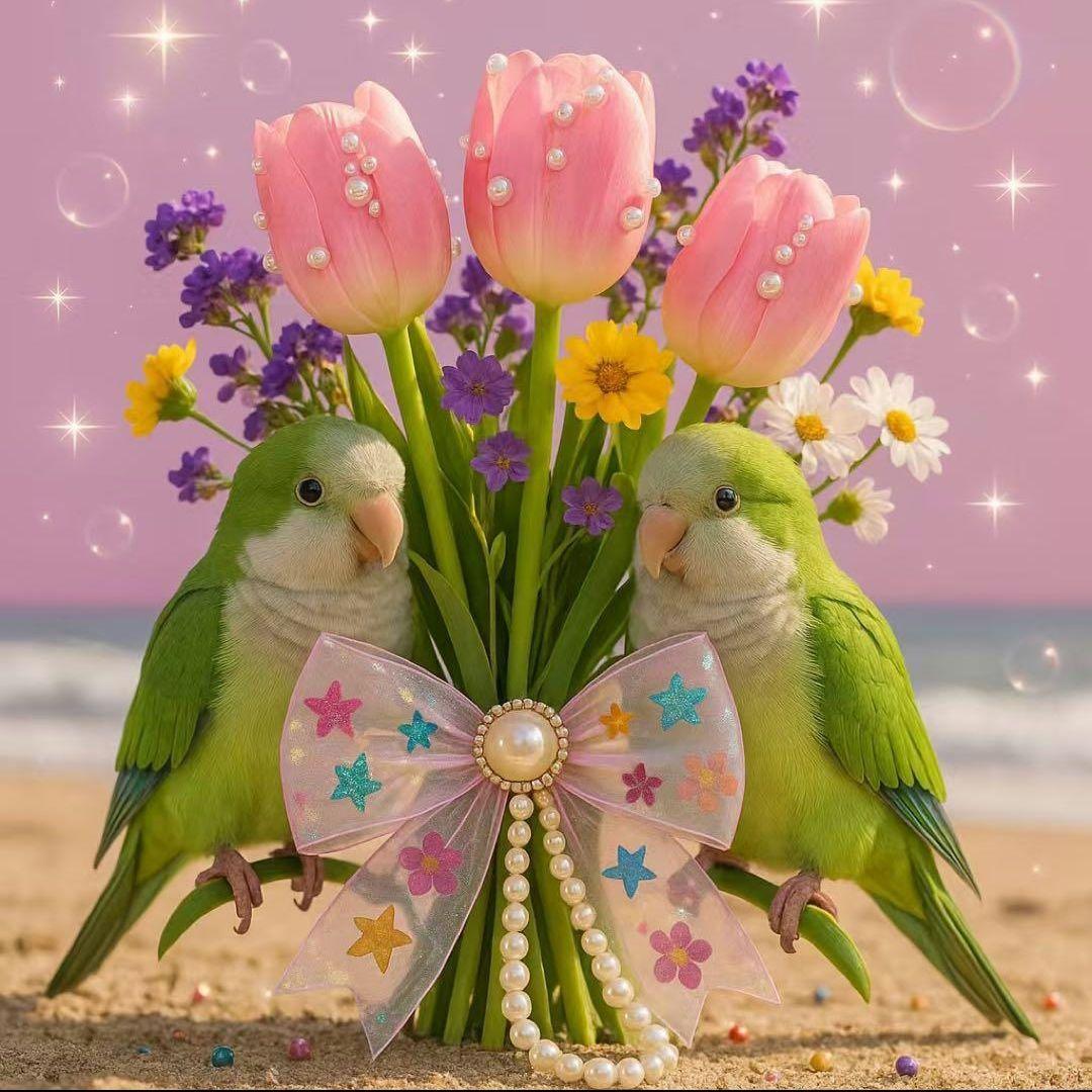 オカメインコ、シマエナガ、インコとチューリップパネル生地　ハンドメイド