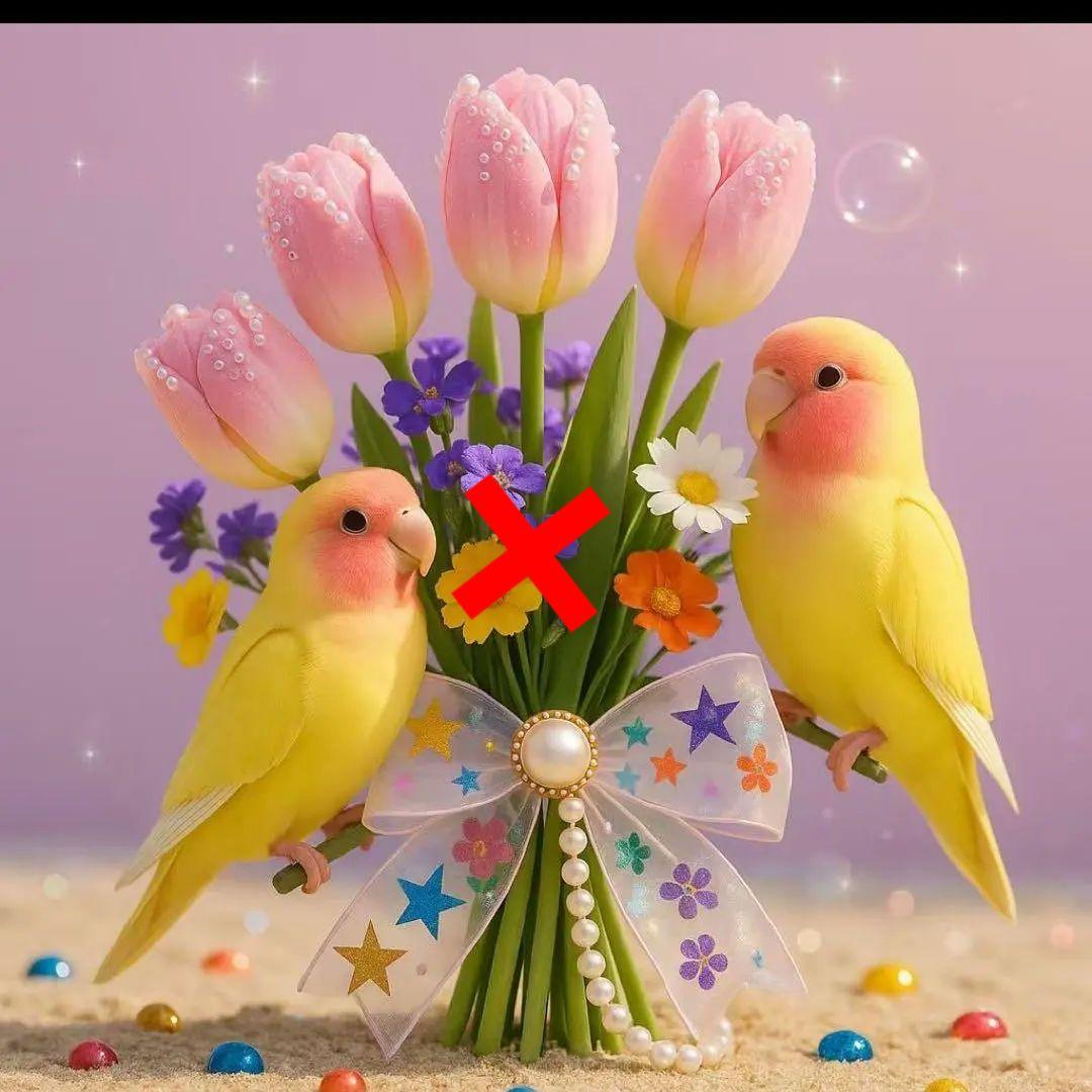 オカメインコ、シマエナガ、インコとチューリップパネル生地　ハンドメイド