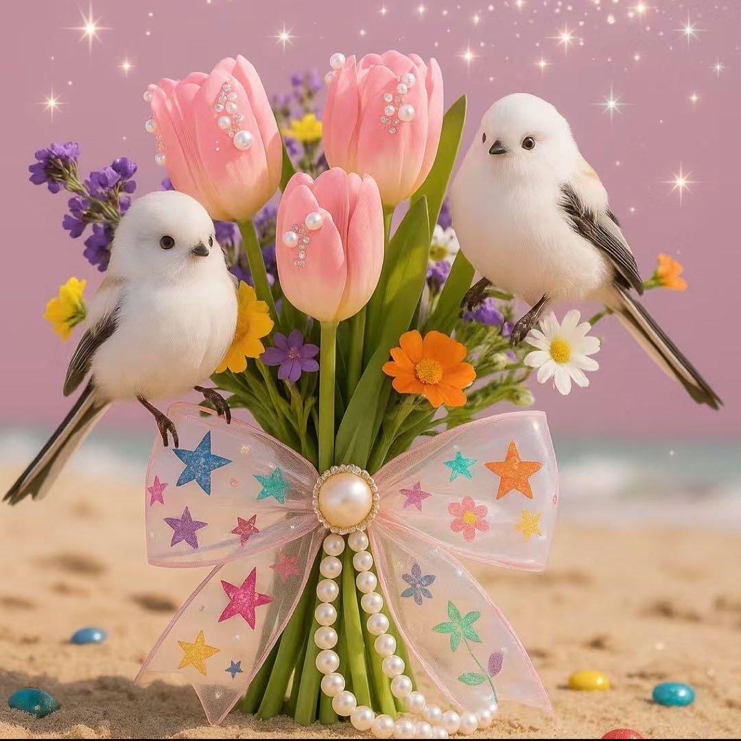 オカメインコ、シマエナガ、インコとチューリップパネル生地　ハンドメイド