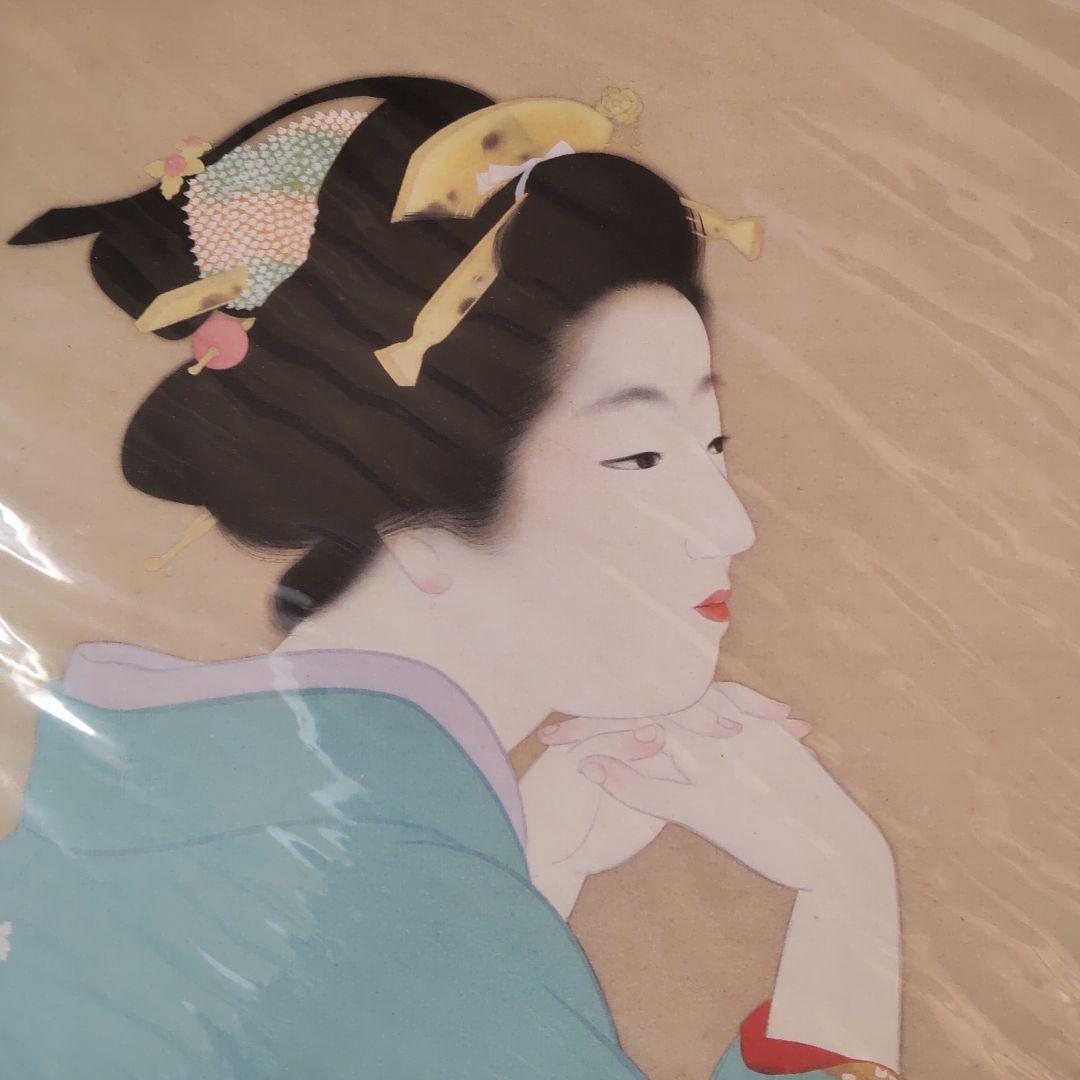 上村松園 『 若葉 』 美人画 名品 複製 色紙 希少 茶道具 美品です。