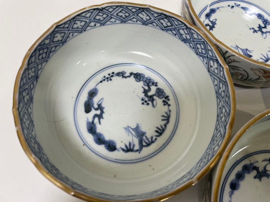 【現状品】陶器製 金彩 赤絵 染付 菓子器 菓子鉢 鳥 花柄 アンティーク4個