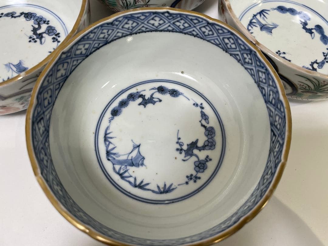 【現状品】陶器製 金彩 赤絵 染付 菓子器 菓子鉢 鳥 花柄 アンティーク4個