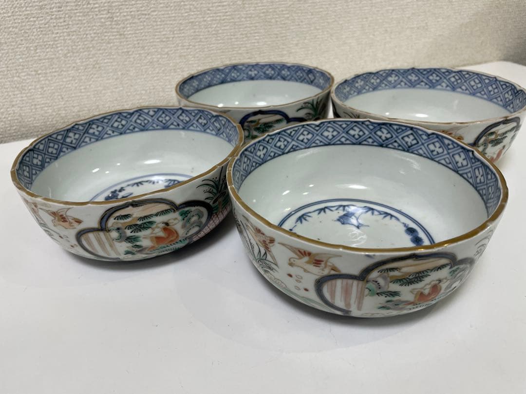 【現状品】陶器製 金彩 赤絵 染付 菓子器 菓子鉢 鳥 花柄 アンティーク4個