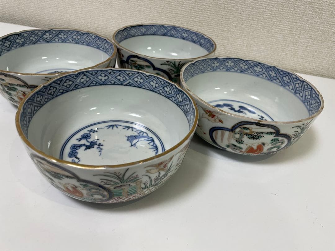 【現状品】陶器製 金彩 赤絵 染付 菓子器 菓子鉢 鳥 花柄 アンティーク4個