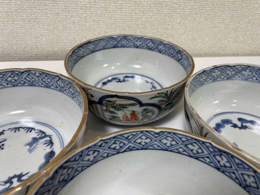 【現状品】陶器製 金彩 赤絵 染付 菓子器 菓子鉢 鳥 花柄 アンティーク4個