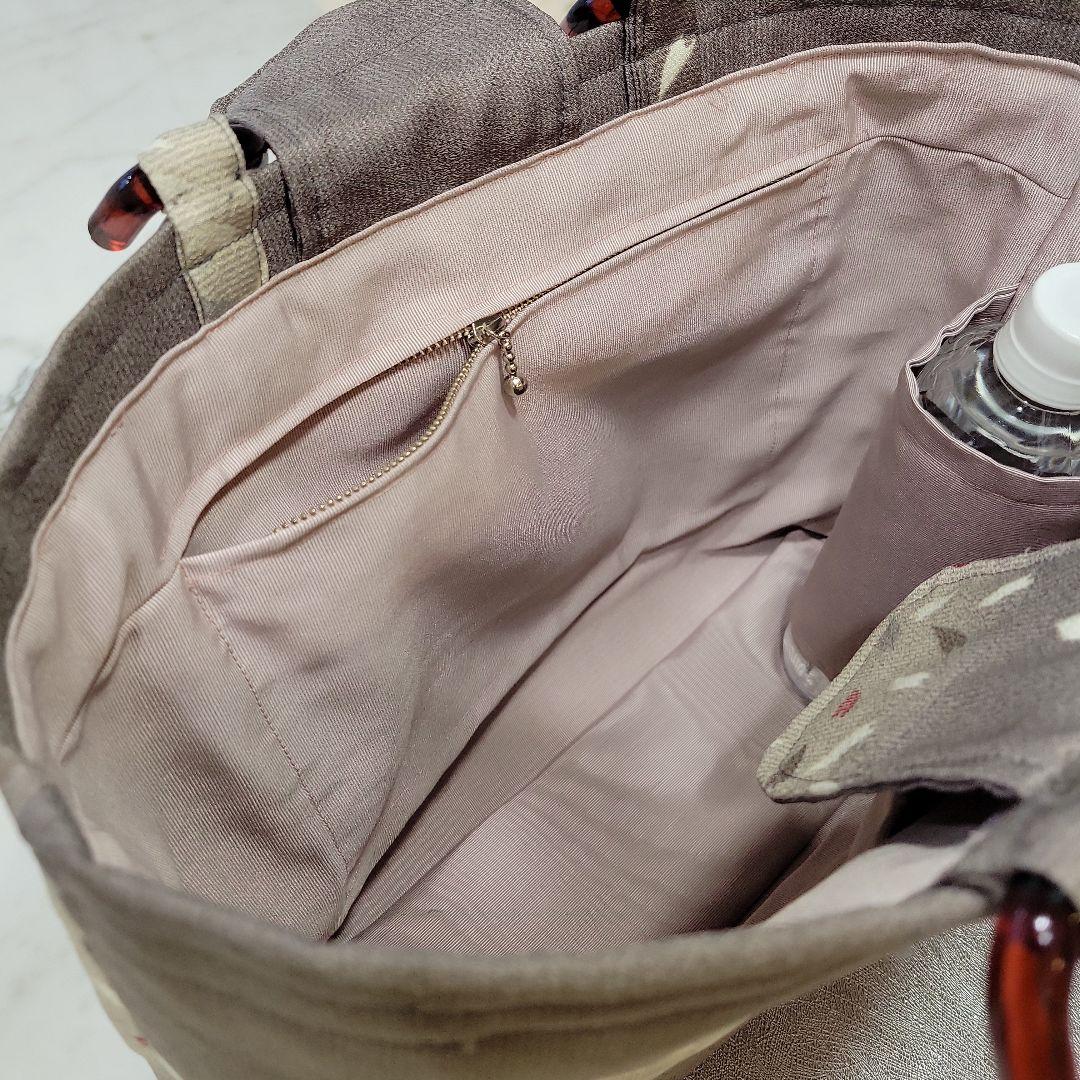 小紋生地リメイク　持ち手　茶色アクリルハンドル　バッグ㊷