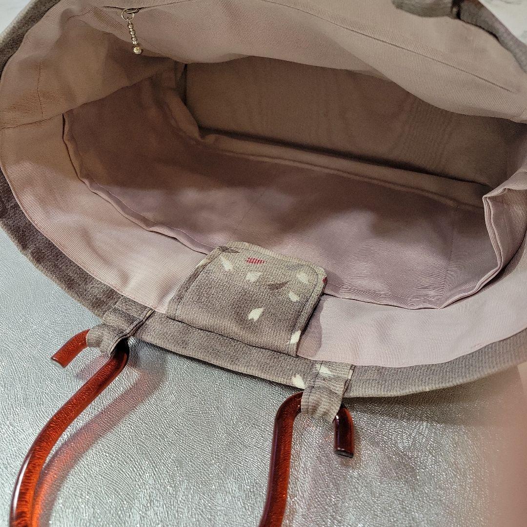 小紋生地リメイク　持ち手　茶色アクリルハンドル　バッグ㊷