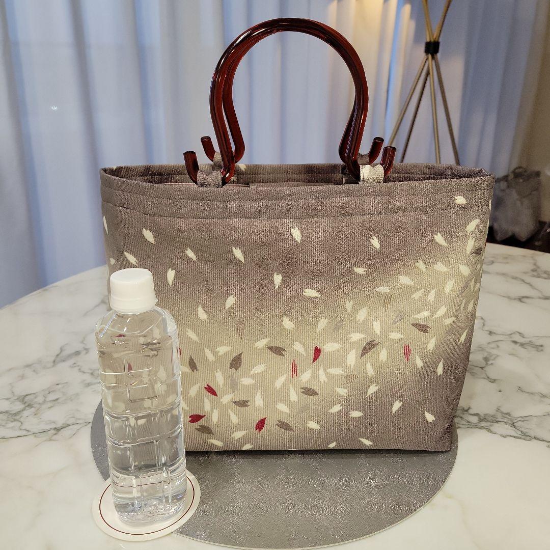 小紋生地リメイク　持ち手　茶色アクリルハンドル　バッグ㊷