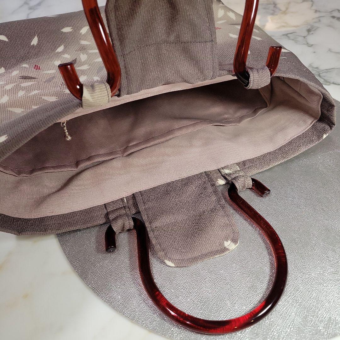 小紋生地リメイク　持ち手　茶色アクリルハンドル　バッグ㊷