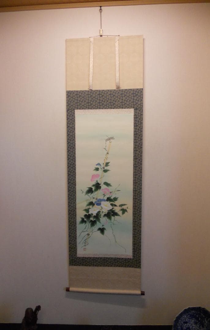 掛け軸 契雪 作 『 朝顔 』 絹本 希少 軸装 茶道具 掛軸 美品 です。