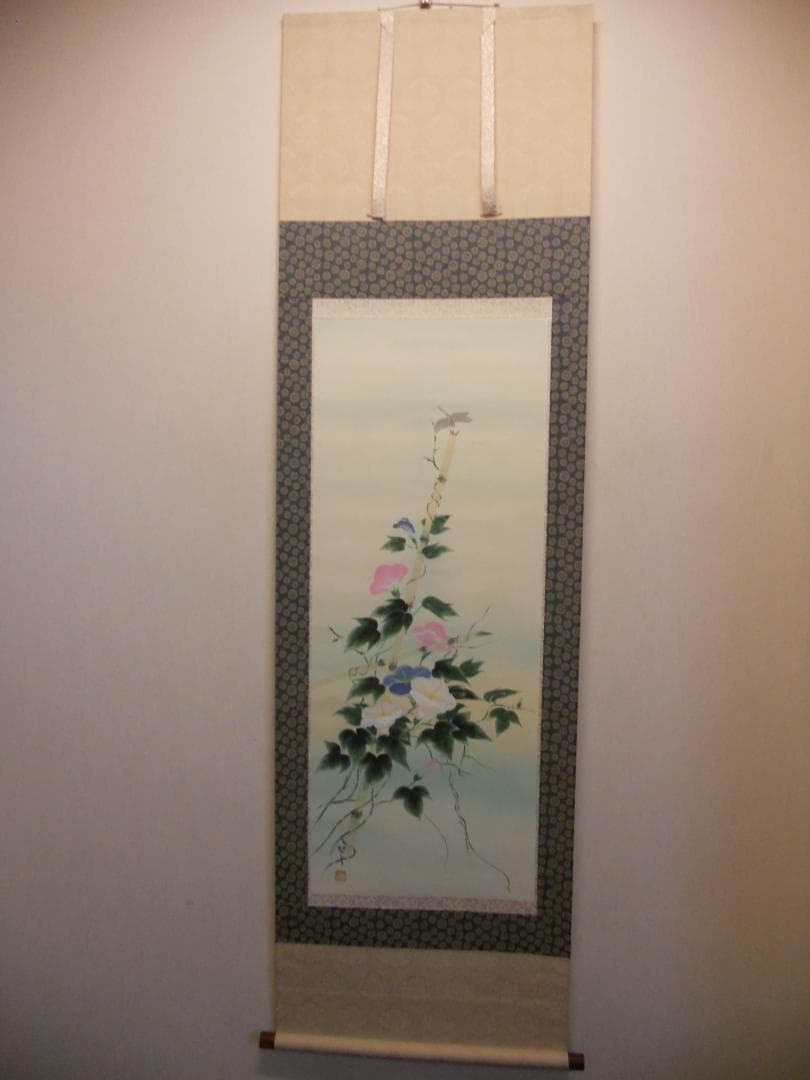 掛け軸 契雪 作 『 朝顔 』 絹本 希少 軸装 茶道具 掛軸 美品 です。