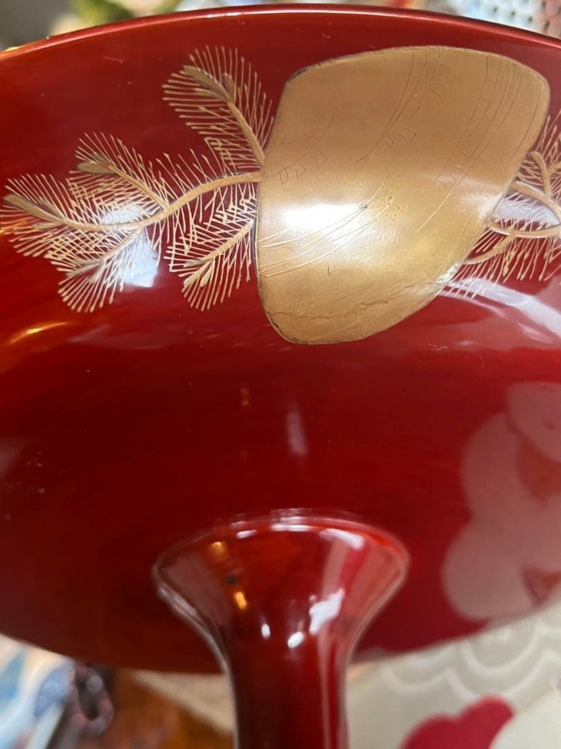 A1056 木製輪島塗　源氏蒔絵　赤溜塗　高月　高杯　1基