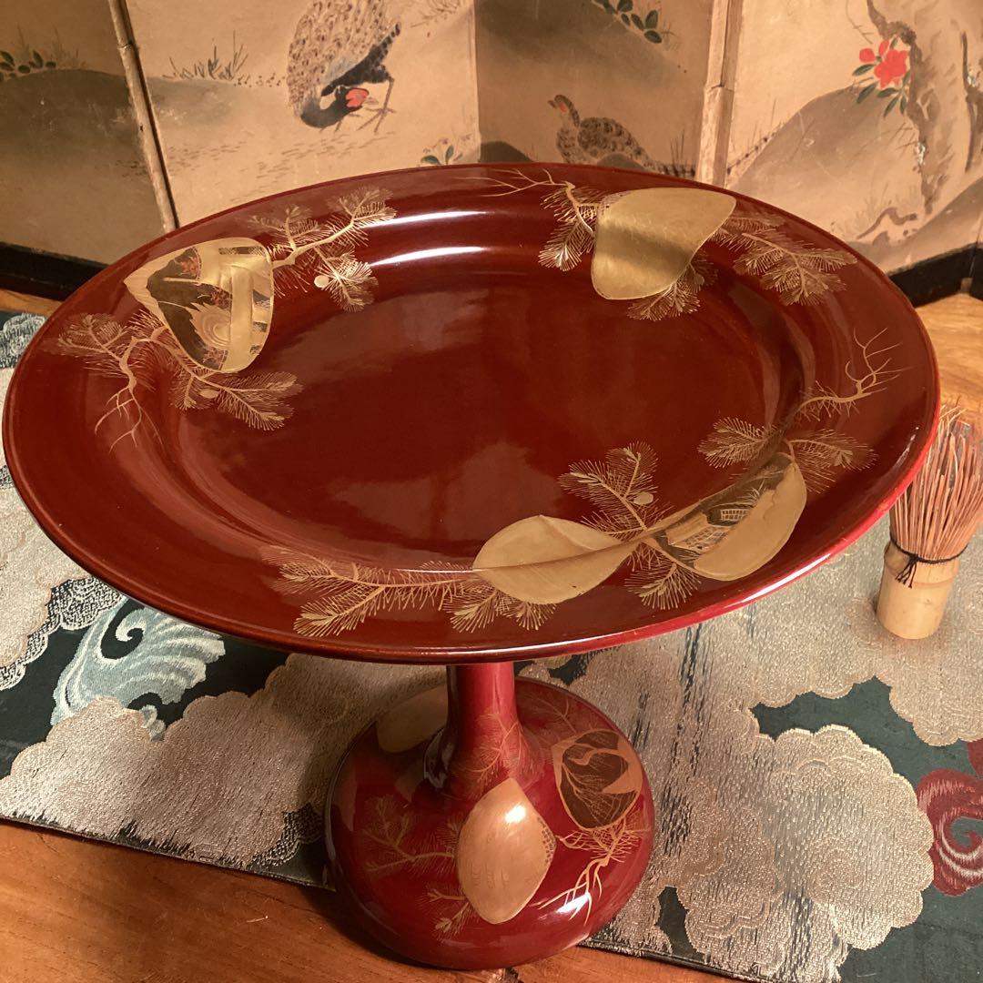 A1056 木製輪島塗　源氏蒔絵　赤溜塗　高月　高杯　1基