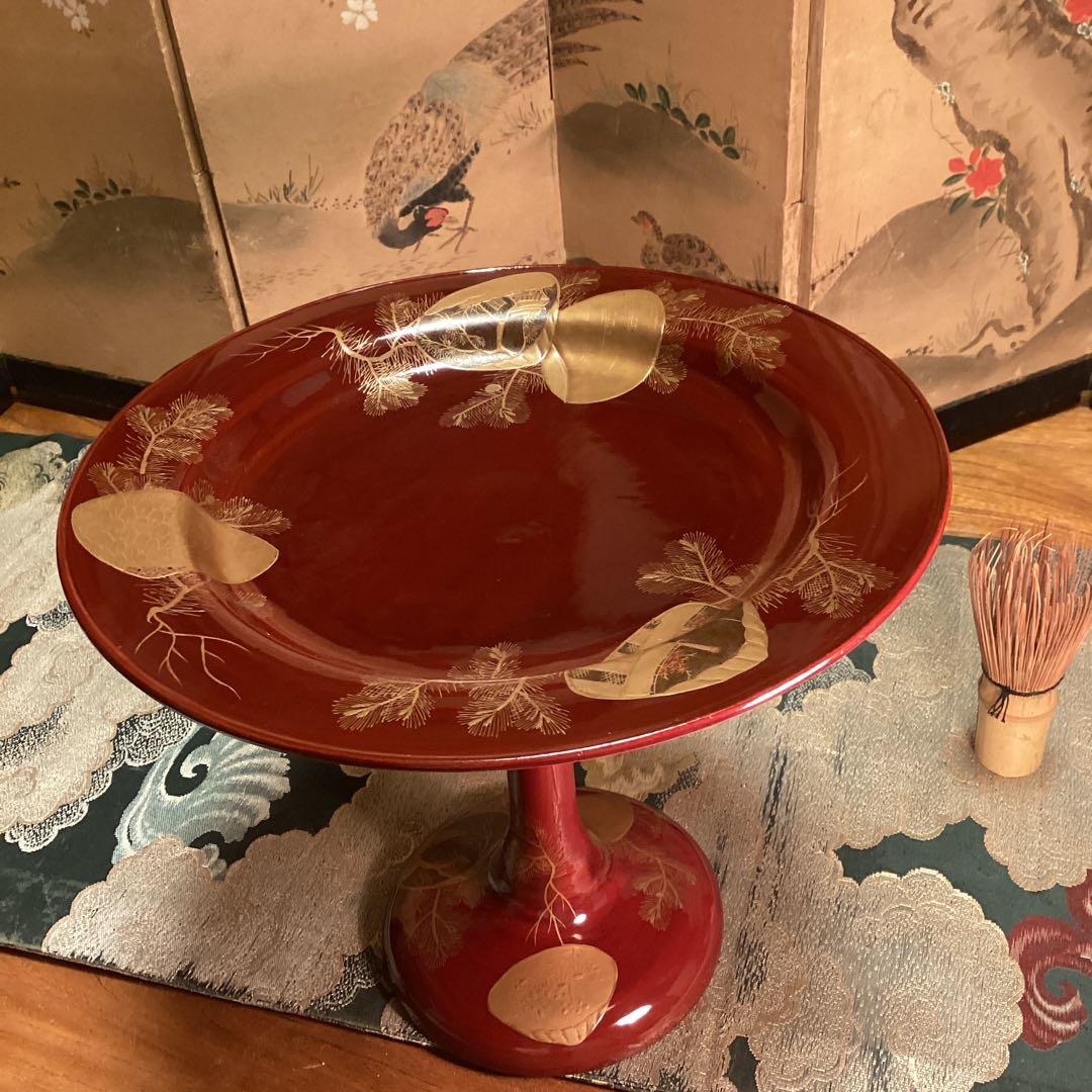 A1056 木製輪島塗　源氏蒔絵　赤溜塗　高月　高杯　1基