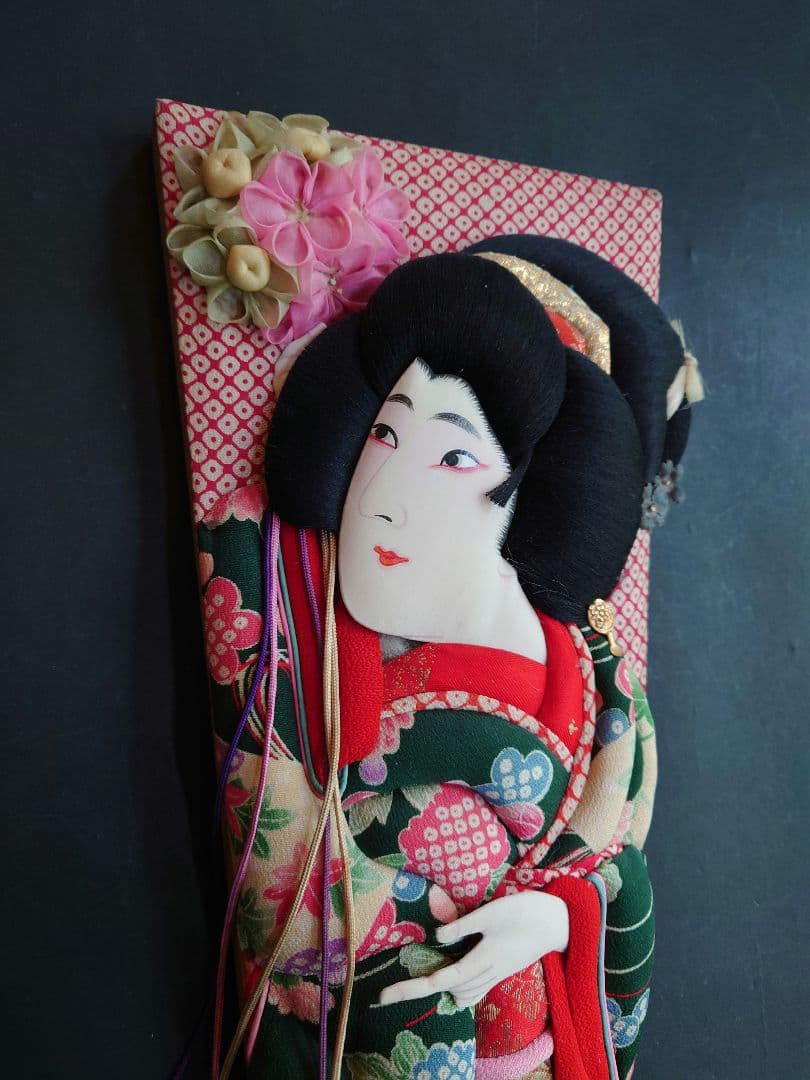 桐板の羽子板　戦前　押絵　つまみ細工　手描き　ビロード　縮緬　歌舞伎　約46cm