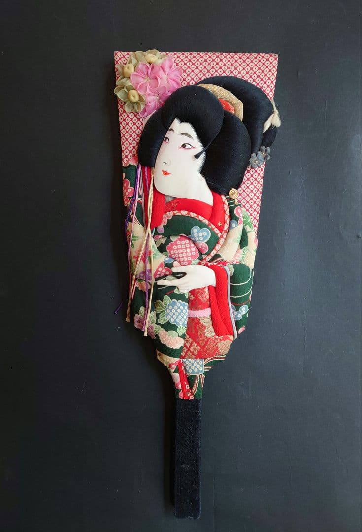 桐板の羽子板　戦前　押絵　つまみ細工　手描き　ビロード　縮緬　歌舞伎　約46cm