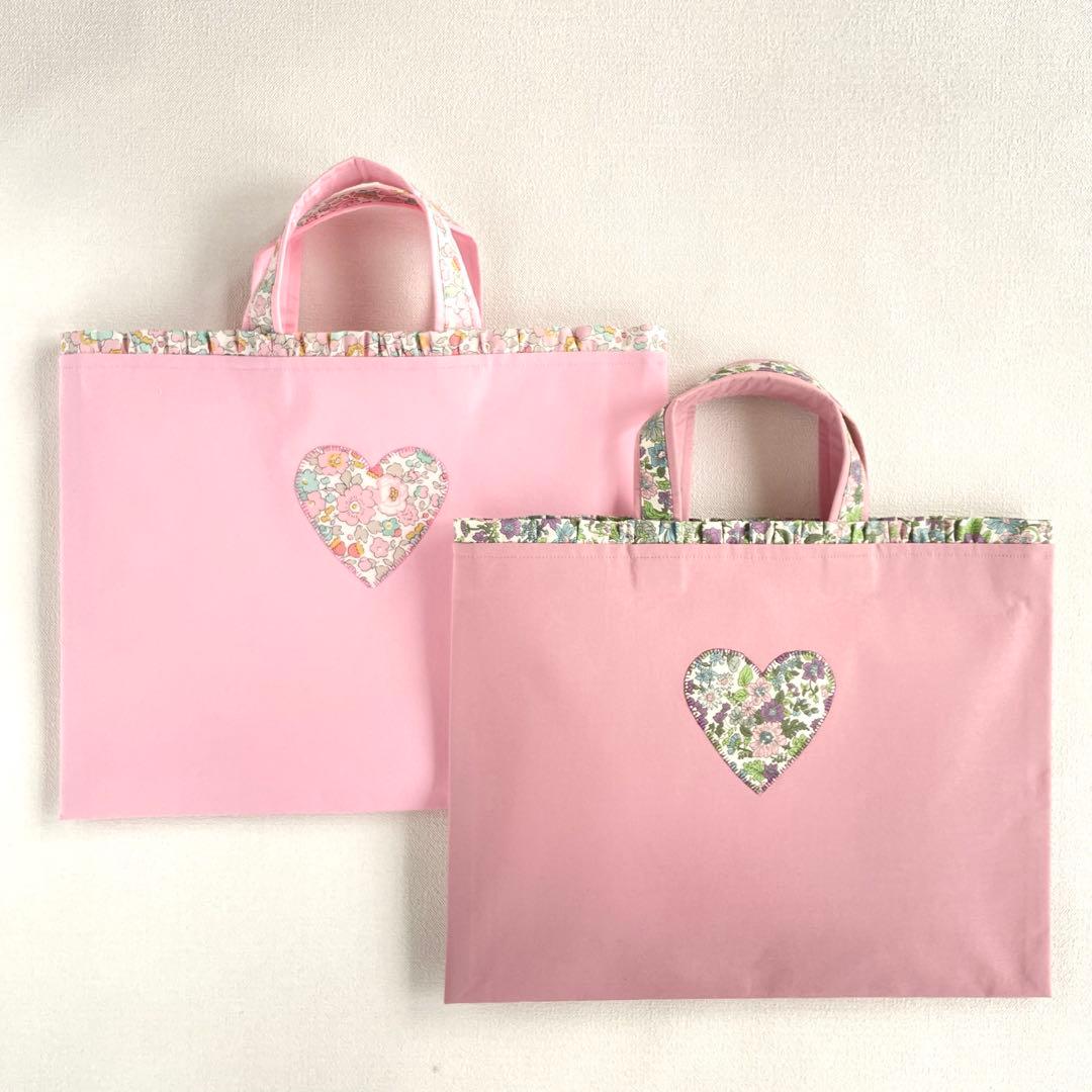 リバティのフリルとハートアップリケの3点セット(ピンク）　入園・入学