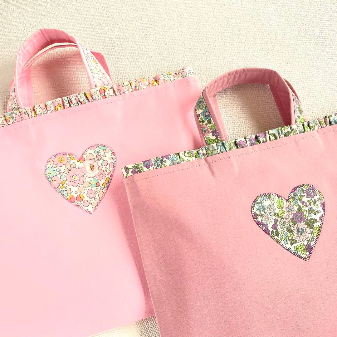 リバティのフリルとハートアップリケの3点セット(ピンク）　入園・入学