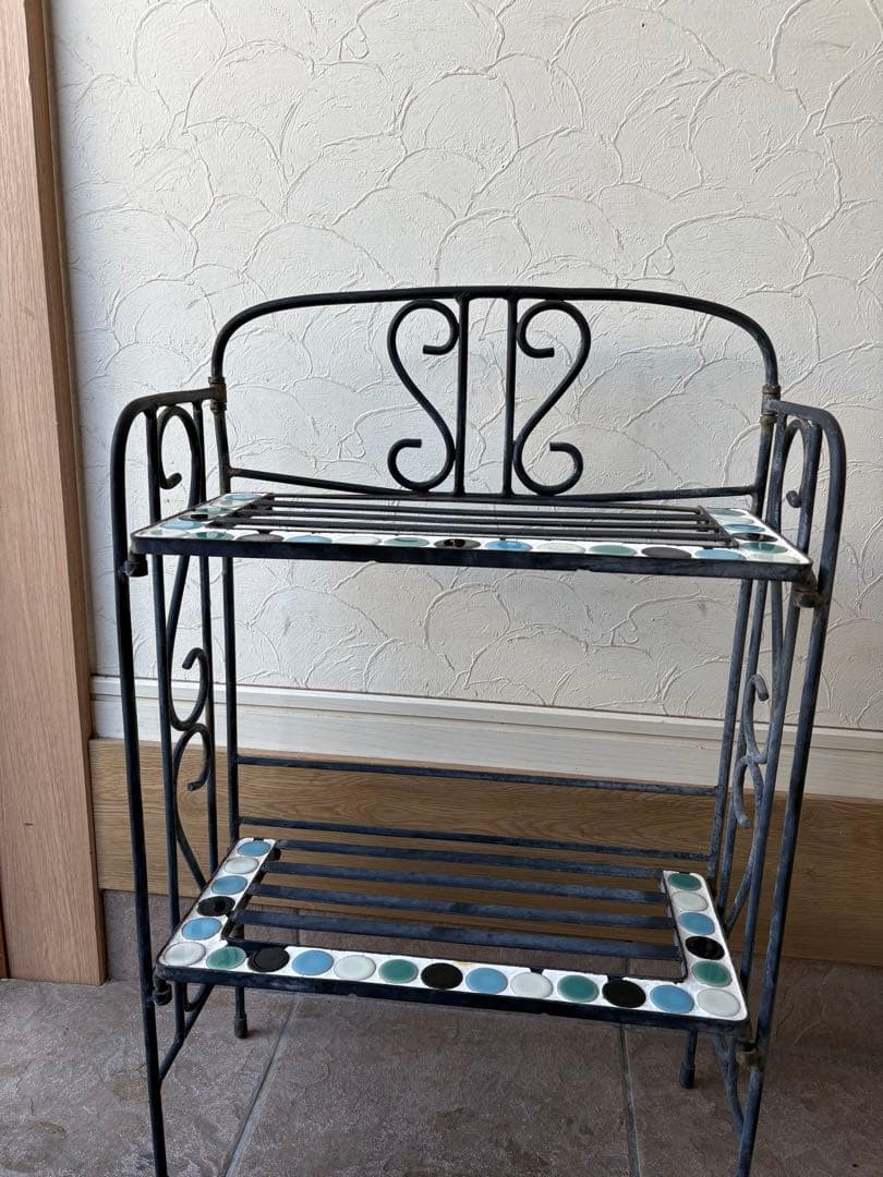 アイアン製モザイクタイル2段プランターラック　アイアンシェルフ