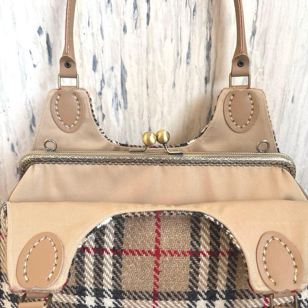 あおりがま口バッグ　チェックウール　ハンドメイド