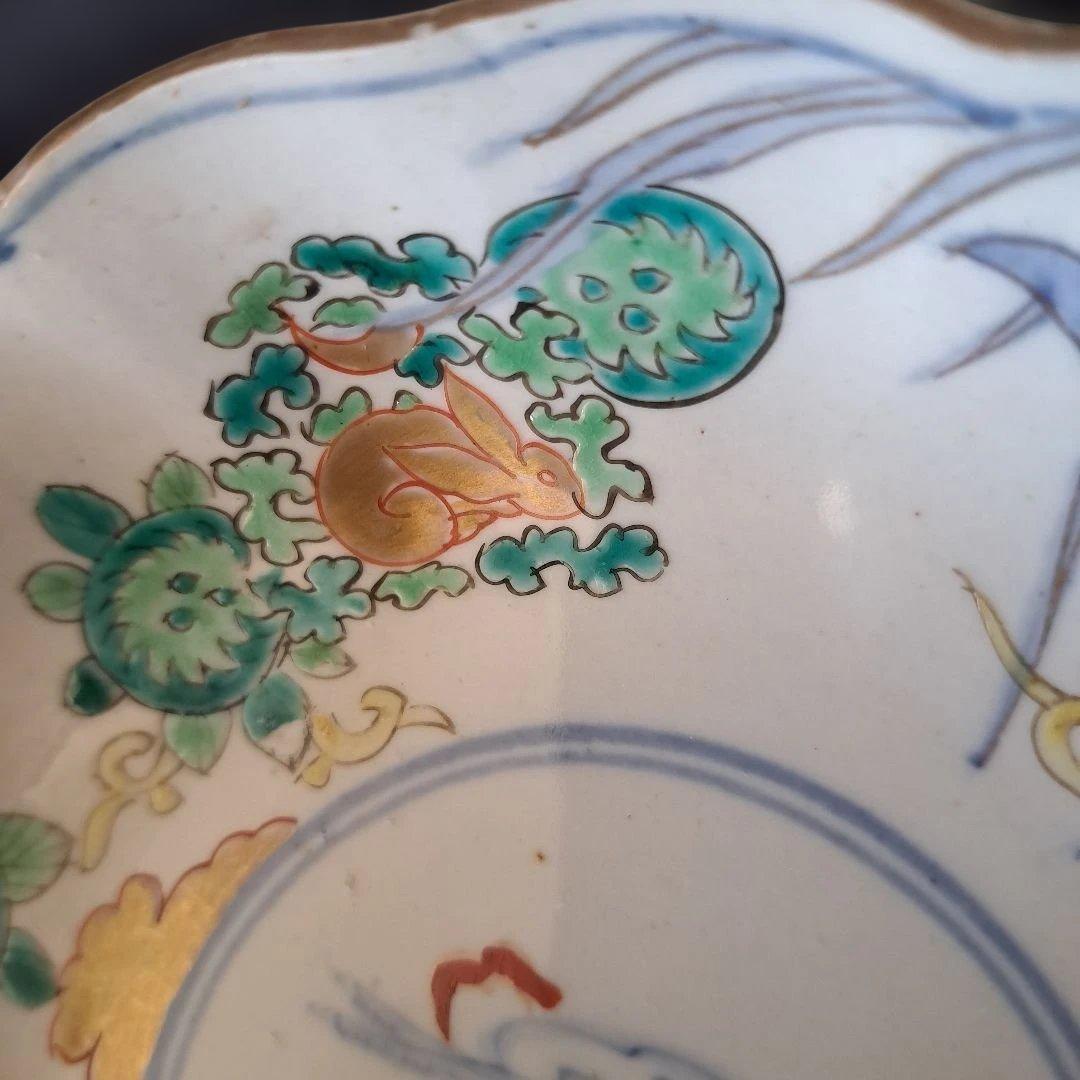 「麒麟と金彩うさぎが おしゃれ！」 古伊万里皿(直径17cm) 2客セット 骨董