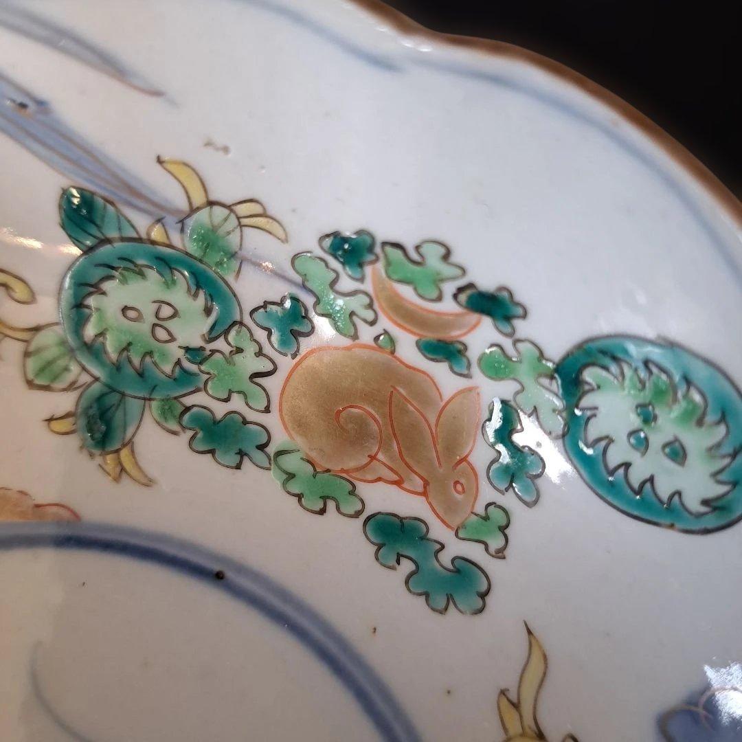 「麒麟と金彩うさぎが おしゃれ！」 古伊万里皿(直径17cm) 2客セット 骨董