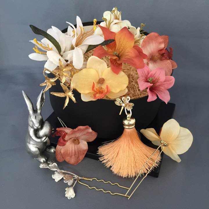 【送料無料/11点セット/アンティークオレンジ色】和婚・成人式・卒業式等髪飾り