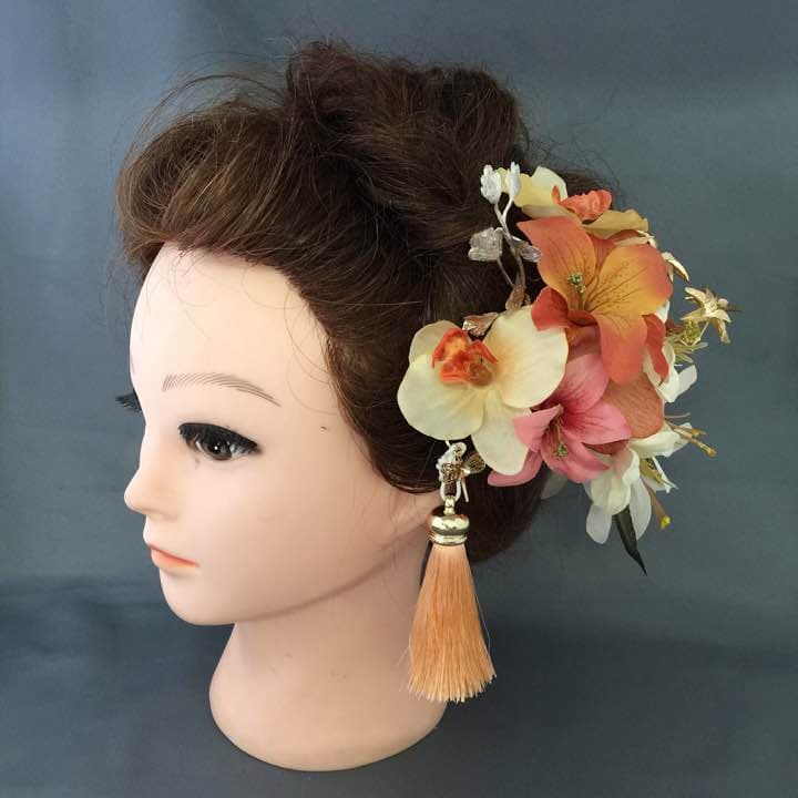 【送料無料/11点セット/アンティークオレンジ色】和婚・成人式・卒業式等髪飾り