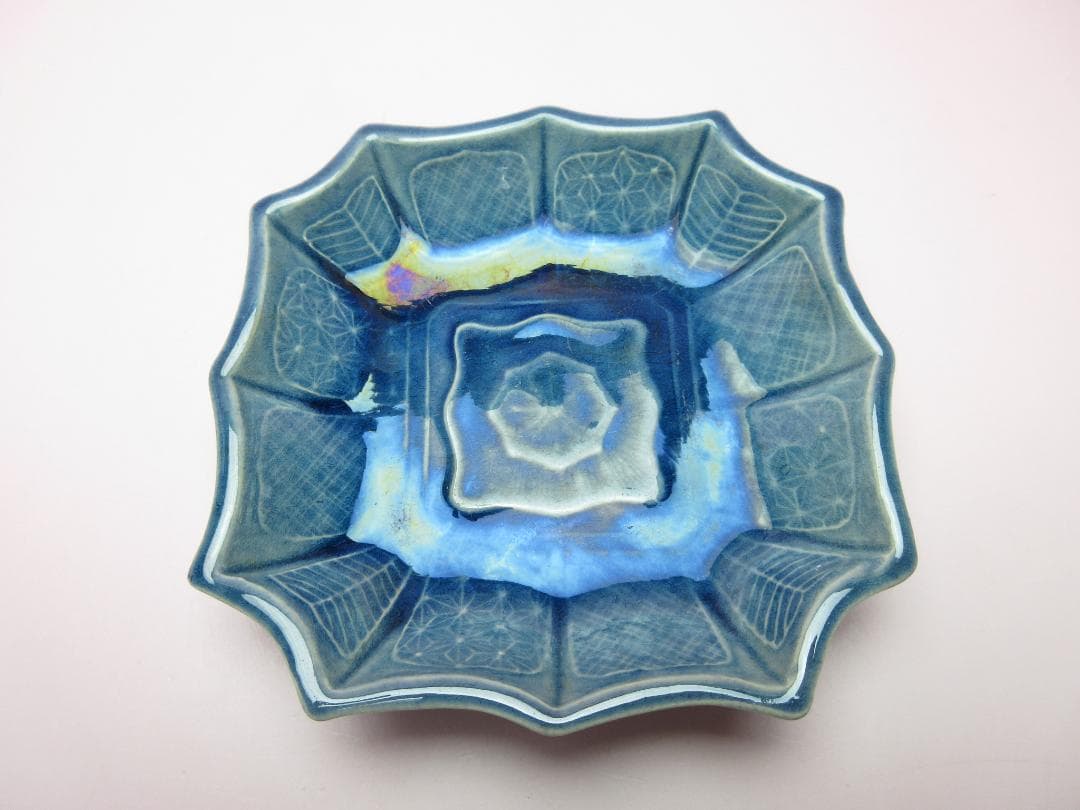 珉平焼 四方隅切皿 交趾陽刻 小皿 ７枚　70707