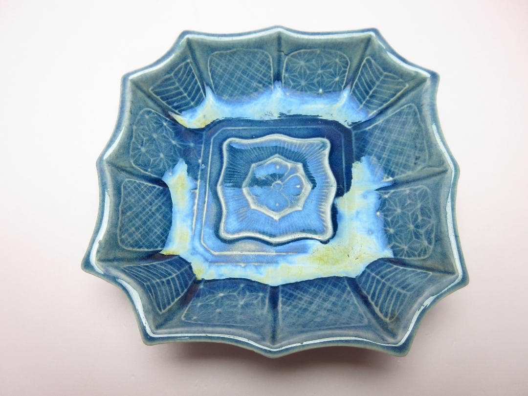 珉平焼 四方隅切皿 交趾陽刻 小皿 ７枚　70707