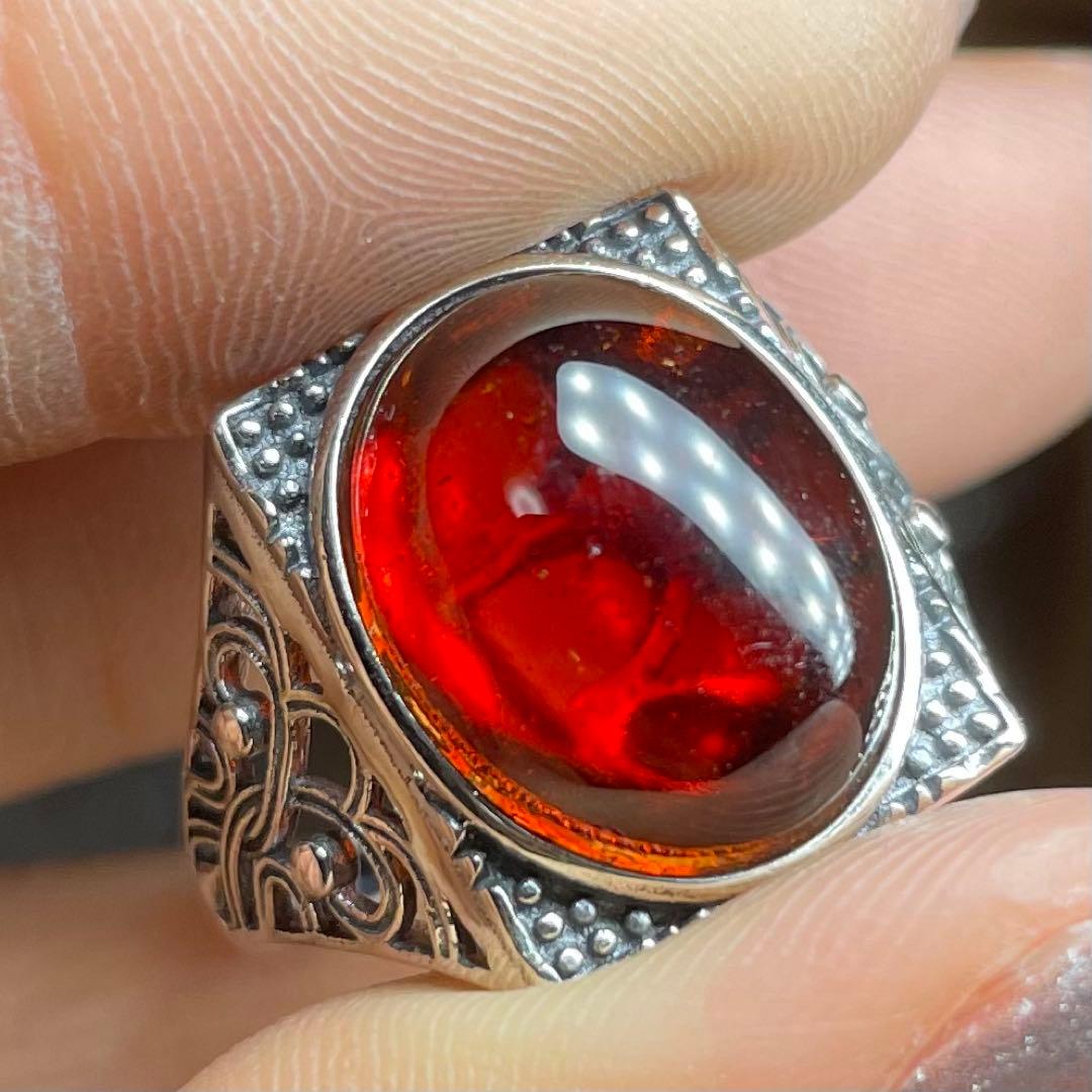 天然石リング　赤アンバー　血珀　高透明　赤　SV925刻印