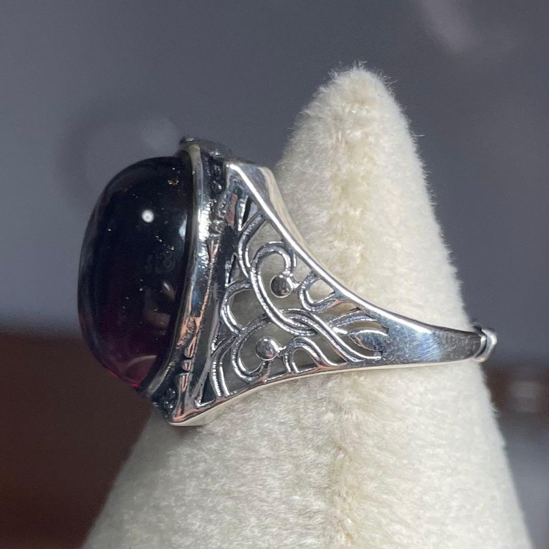 天然石リング　赤アンバー　血珀　高透明　赤　SV925刻印