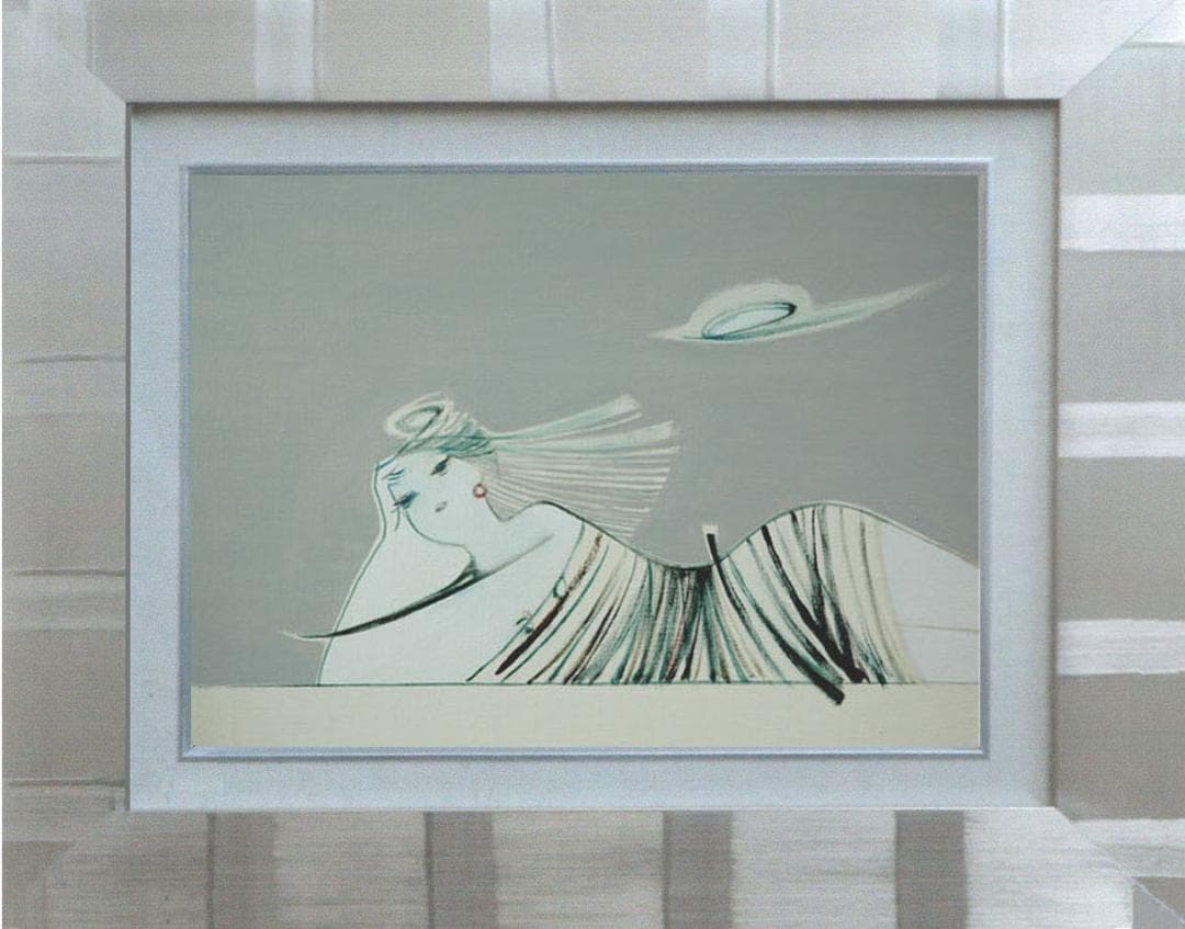 油絵 菅家令子 絵 絵画インテリア額付(青緑＋金色の枠) F4-080515女性