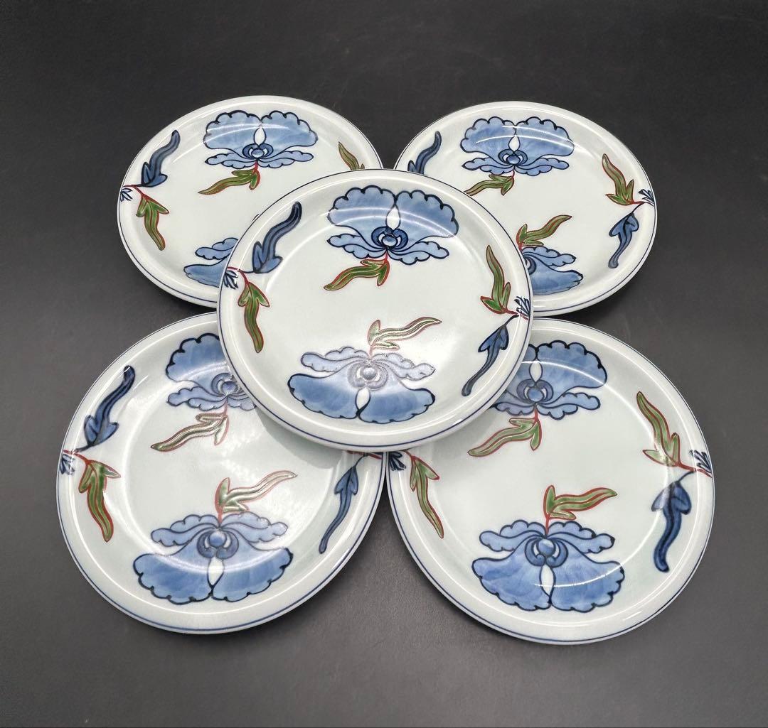 陶器　有田焼　源右衛門窯　染錦唐花牡丹　皿　5枚 未使用品