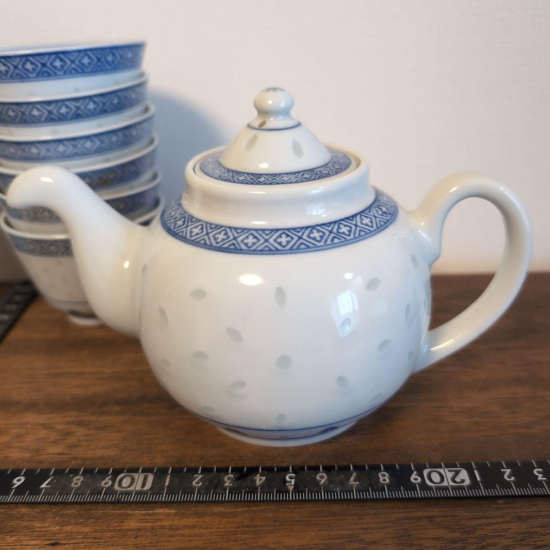 古い景徳鎮銘の蛍焼セット　中国染付　青花　蛍手アンティーク茶器　骨董