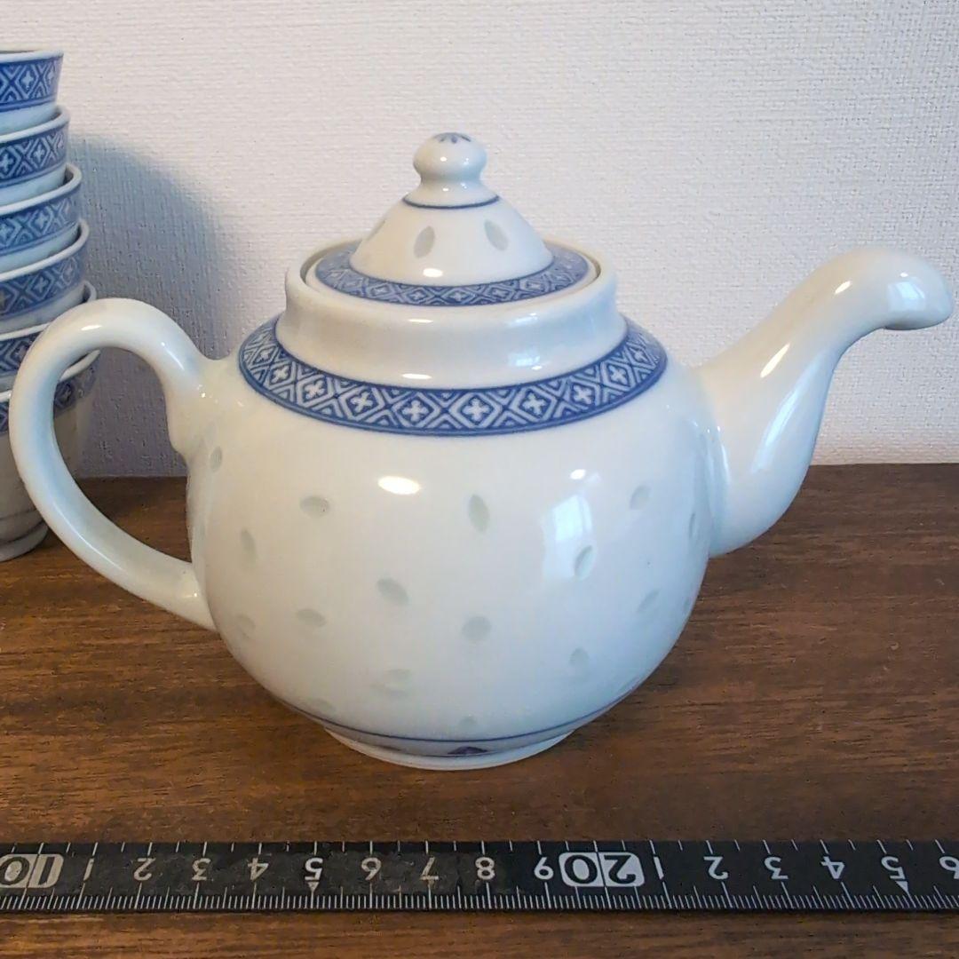 古い景徳鎮銘の蛍焼セット　中国染付　青花　蛍手アンティーク茶器　骨董