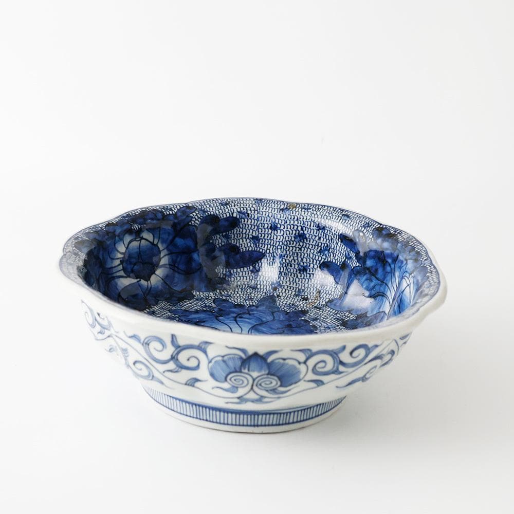 古伊万里 有田焼 染付 微塵唐草文 輪花 鉢 煮物鉢 菓子鉢 菓子器
